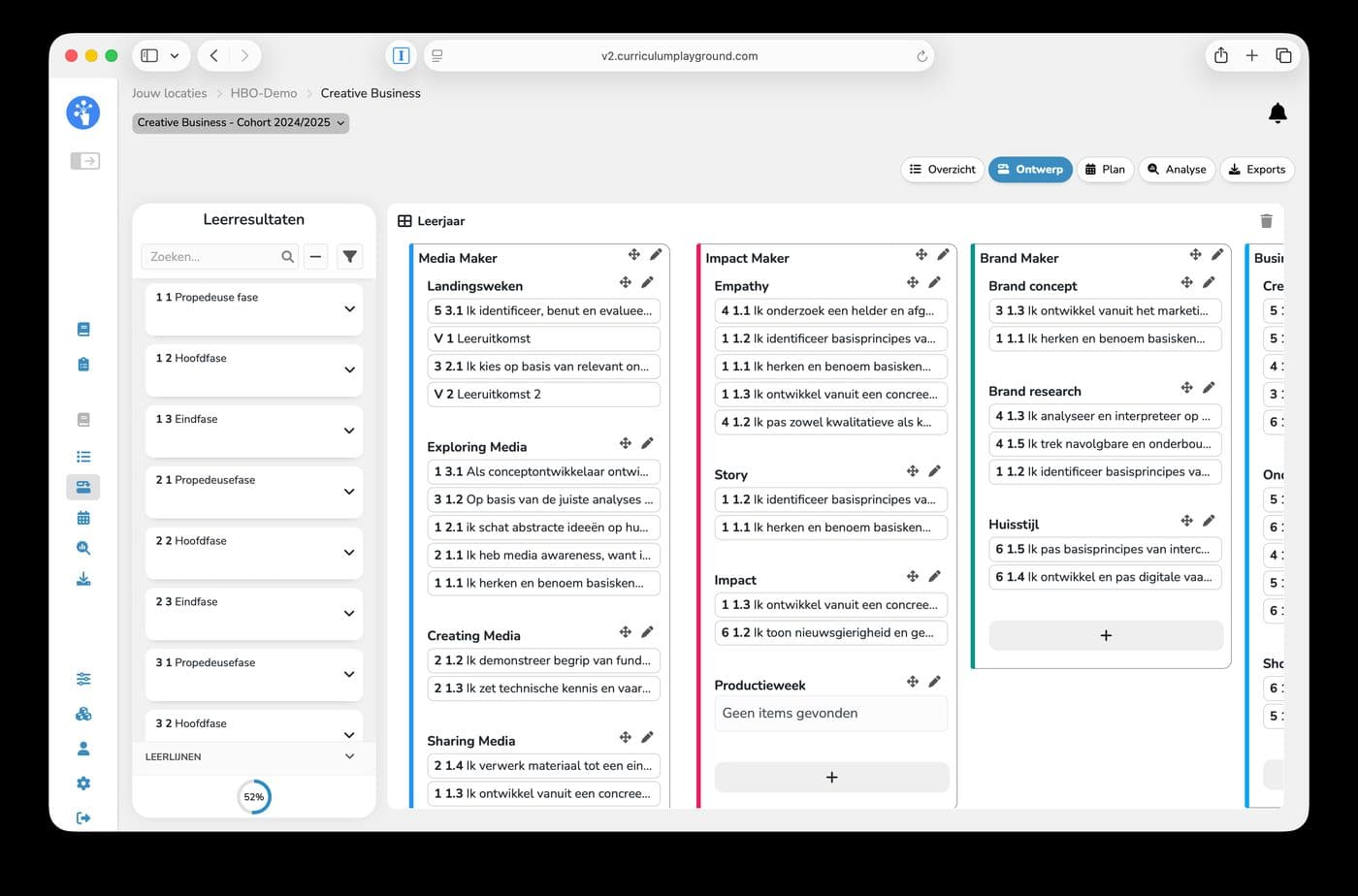 Curriculum Playground scherm met curriculumonderdelen, leerdoelen en planning