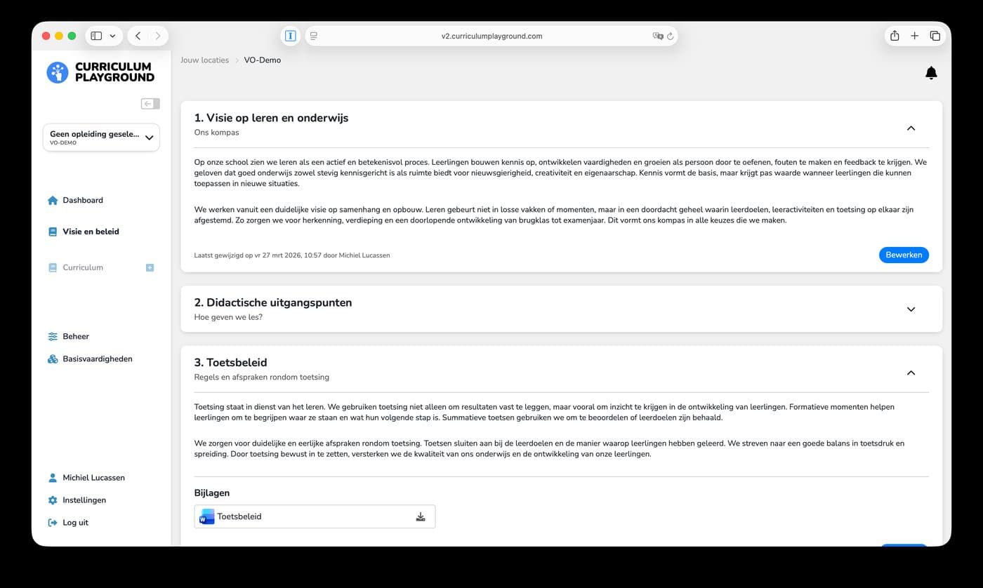 Vakwerkplan of teamplan gekoppeld aan curriculumkeuzes